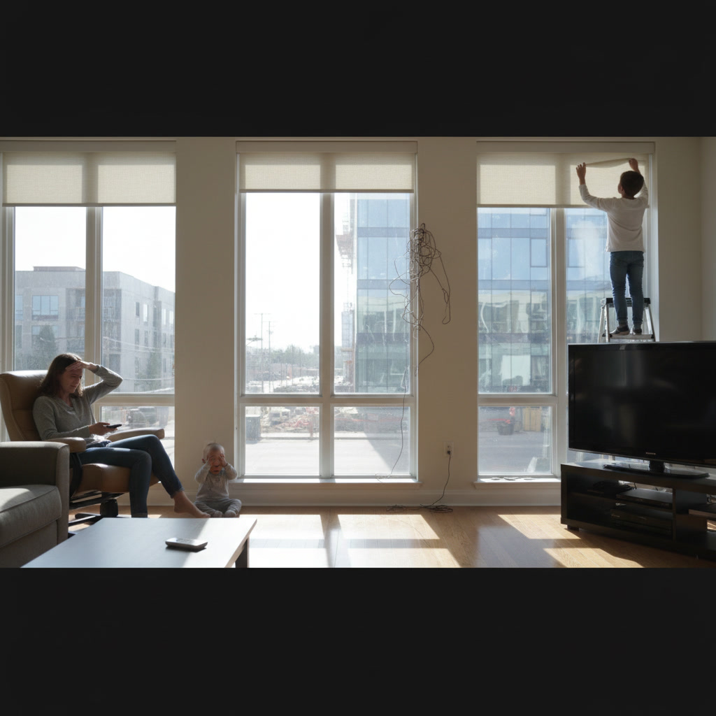modern home interior with motorized window shades and smart home control