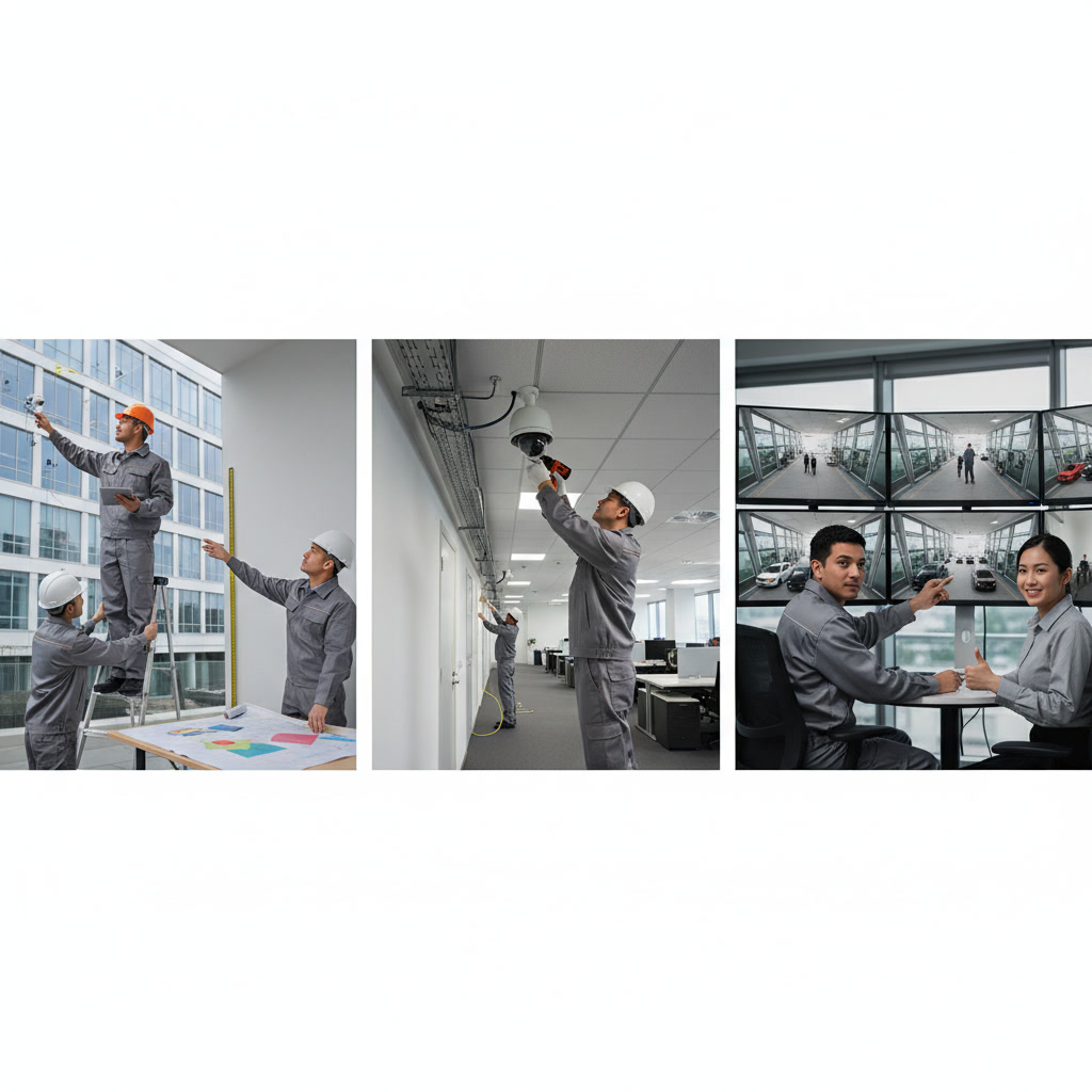 Professional security camera installation technician mounting surveillance equipment