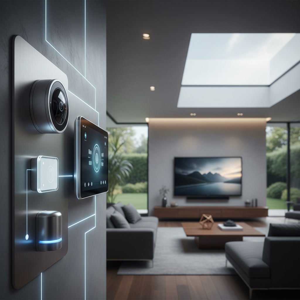 Integrated smart home security system showing cameras sensors and alarm panel on unified platform