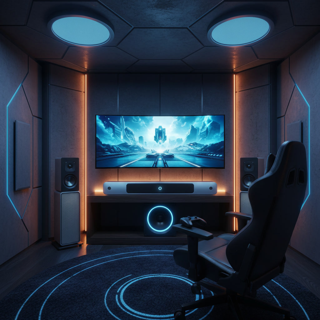 modern gaming room with immersive audio speakers and gaming setup