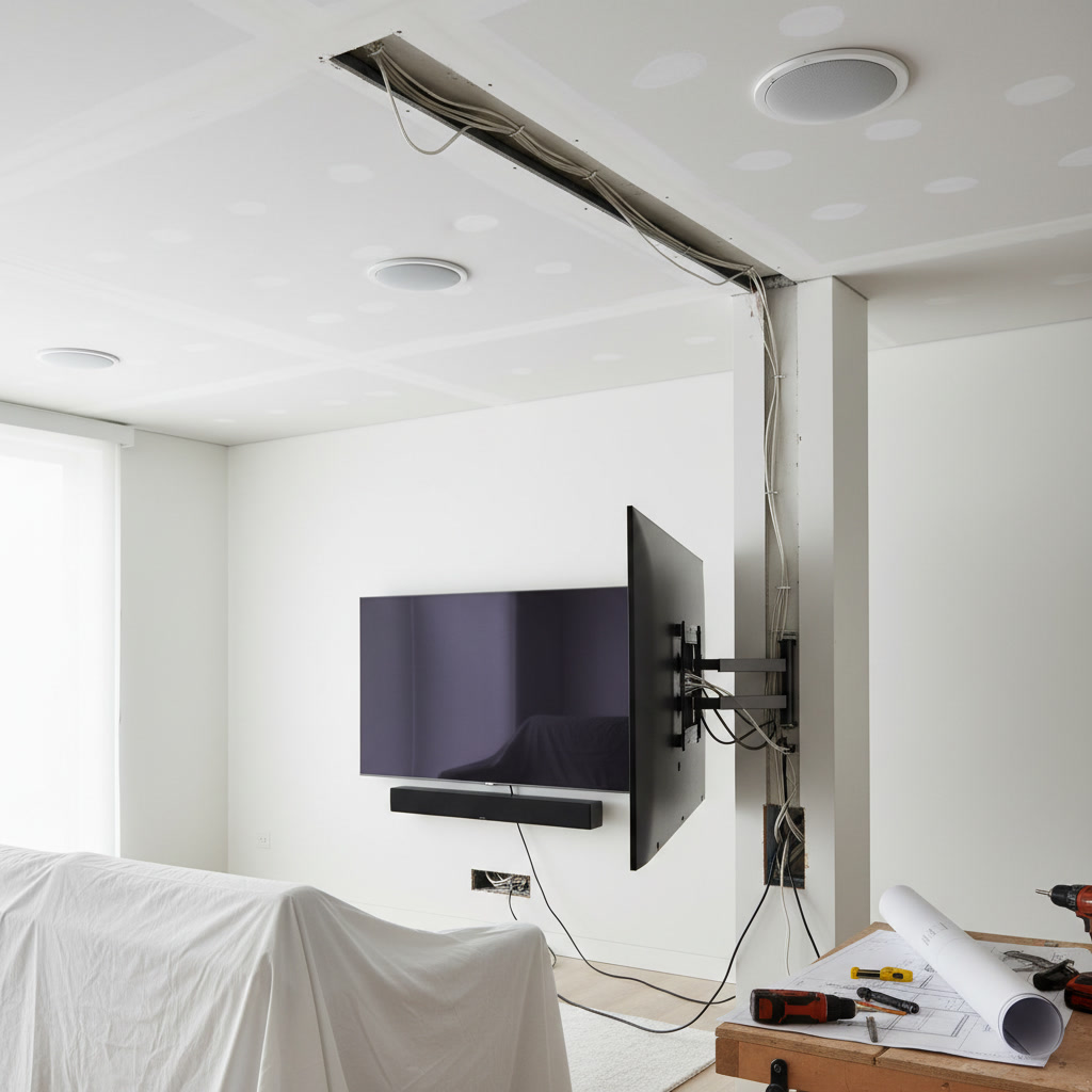 gaming setup with ceiling speakers and ambient lighting